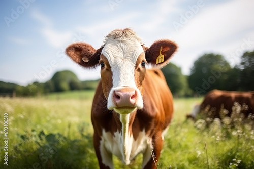 Brown cow looking at the camera on the Green pasture field in middle of countryside landscape in summer time