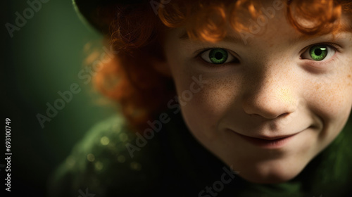 close-up of a ginger leprechaun kid's mischievous grin and twinkling eyes, Irish folklore and magic on St. Patrick's Day photo
