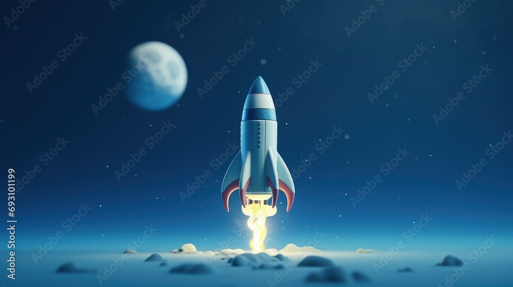 Naklejka premium Rocket taking off on blue background, 3D cartoon style, Generative AI
