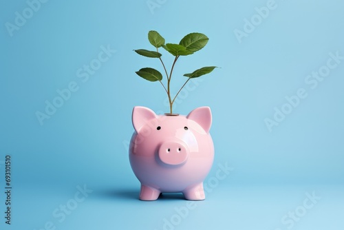 Pink piggy bank with plant seedling isolated on blue background, Generative AI