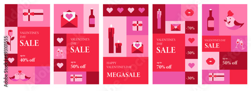 Valentine's day sale for social media, instagram stories and post, mobile app, banners, cards. Set of 5 stories template 