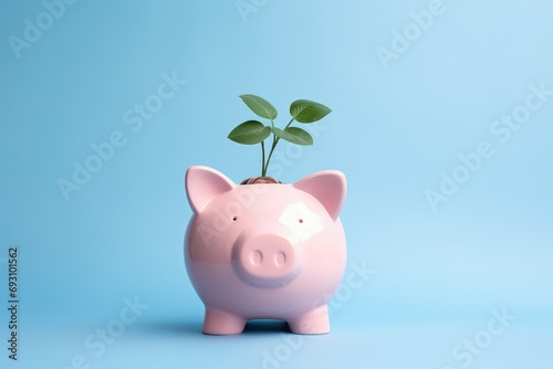 Pink piggy bank with plant seedling isolated on blue background, Generative AI