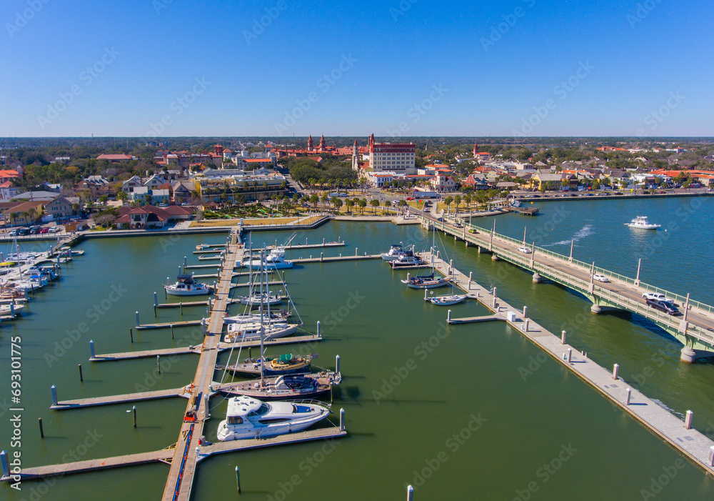 Matanzas Bay coast aerial view with downtown St. Augustine skyline at the background, city of St. Augustine, Florida FL, USA.