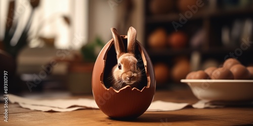Rabbit inside a chocolate egg on a wooden table, Easter egg and bunny, Generative AI photo