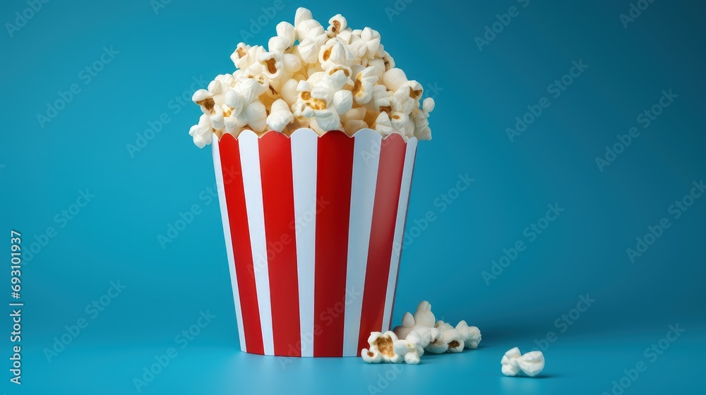 Cinema popcorn bucket isolated on blue background, Red and white popcorn bucket, Generative AI
