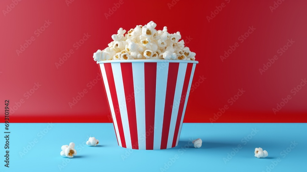 Cinema popcorn bucket isolated on red and blue background, generative AI