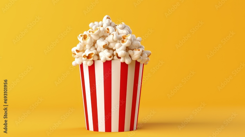 Cinema popcorn bucket isolated on yellow background, Red and white popcorn bucket, Generative AI