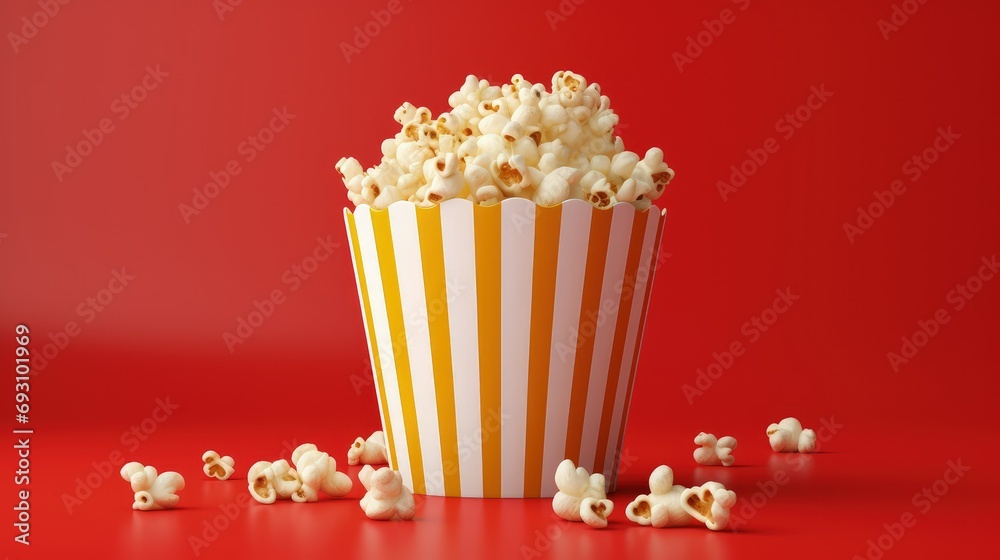 Cinema popcorn bucket isolated on red background, Generative AI Cinema popcorn bucket isolated on red background, Generative AI