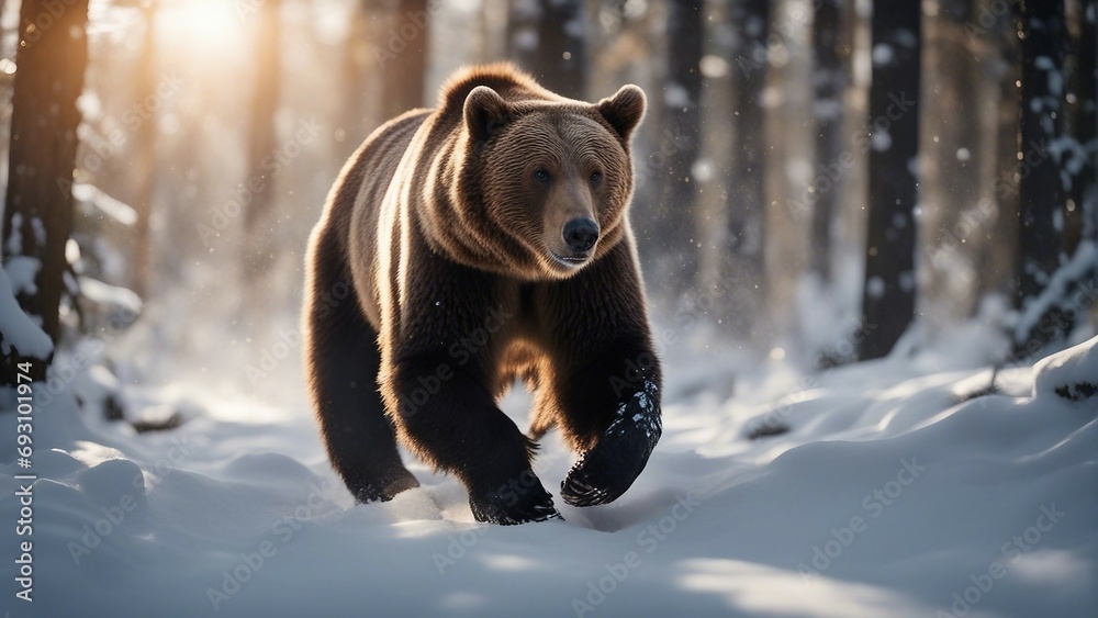 portrait of wild brown bear running at forest, heavy snow fall, sunlight is from back
portrait of wild brown bear running at forest, heavy snow fall, sunlight is from back