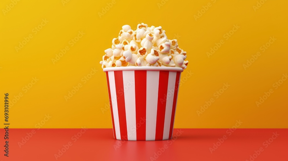 Cinema popcorn bucket isolated on yellow background, Red and white popcorn bucket, Generative AI