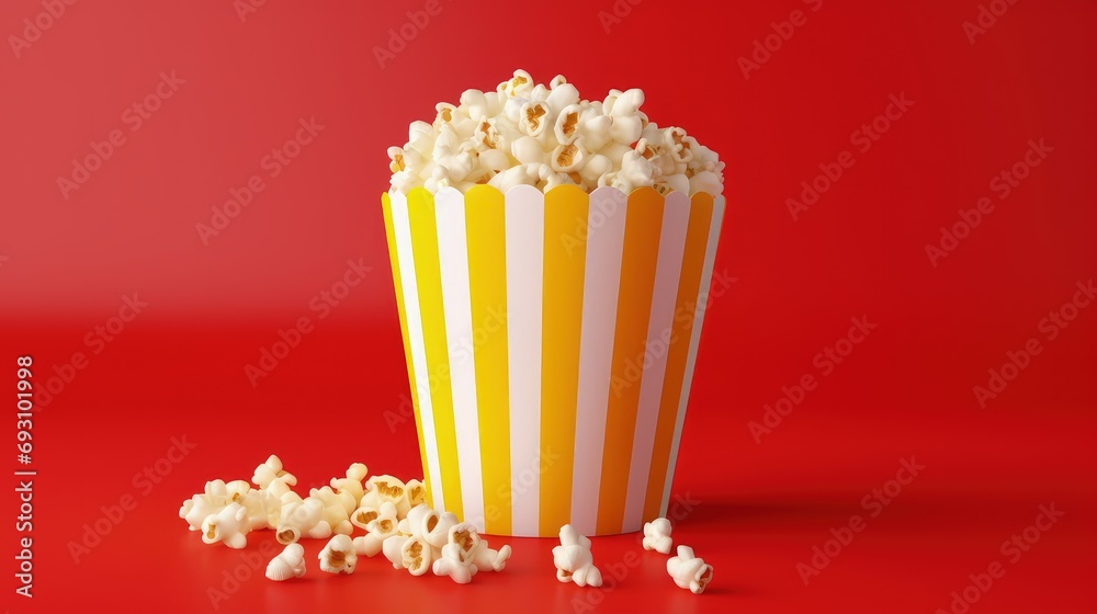 Cinema popcorn bucket isolated on red background, Generative AI