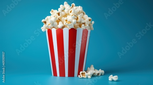 Cinema popcorn bucket isolated on blue background, Red and white popcorn bucket, Generative AI
