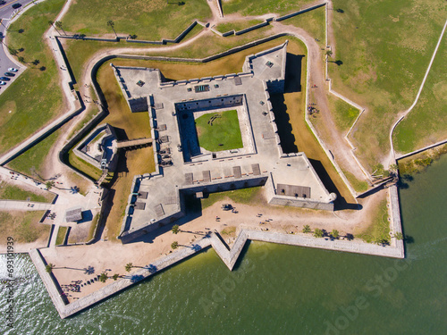 Castillo de San Marcos aerial view in St. Augustine, Florida FL, USA. This fort is the oldest and largest masonry fort in Continental United States and now is the US National Monument.