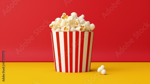 Cinema popcorn bucket isolated on red and yellow background, Generative AI