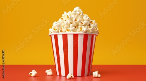 Cinema popcorn bucket isolated on yellow background, Red and white popcorn bucket, Generative AI © Kaleb