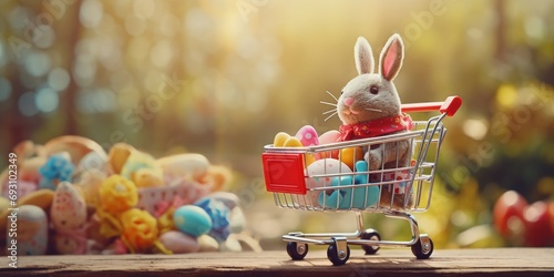 Toy bunny and Easter eggs inside a shopping cart and nature in the background, Generative AI