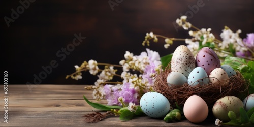 Nest with colorful eggs on a wooden table