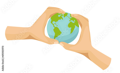 Save planet hands. Cartoon human hands hold different ecological symbols and elements, environment protection sign.