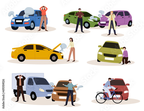 Car accidents set. Crash, collision at road traffic. Car damaged vehicle transportation. Drivers, pedestrians and broken auto, damaged transport, injured people after crush.