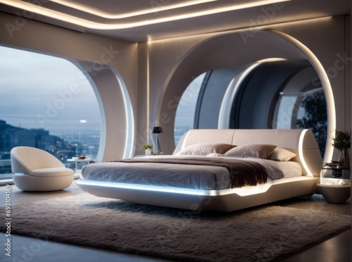 Futuristic interior bedroom with a levitating bed