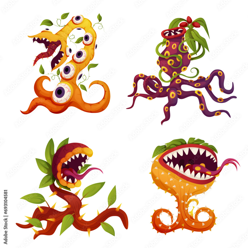 Obraz premium Carnivorous plant set, monster plants. Vector fantasy scary flower icons. Cartoon flytraps or flower predators. Angry flowers with teeth.