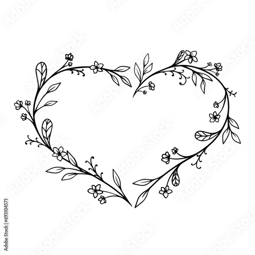 Valentine heart frame with flowers and leaves. Black linear set of flower, Hand painted bunch of flowers, flower and leaves isolated on white background