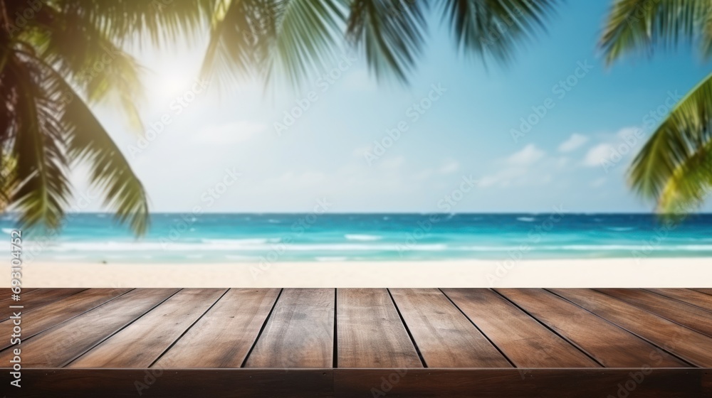 Fototapeta premium Dark wood floor top on blur tropical beach background, Advertisement, Print media, Illustration, Banner, for website, copy space, for word, template, presentation.