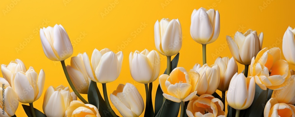 Fototapeta premium yellow and white tulips on a bright yellow background
