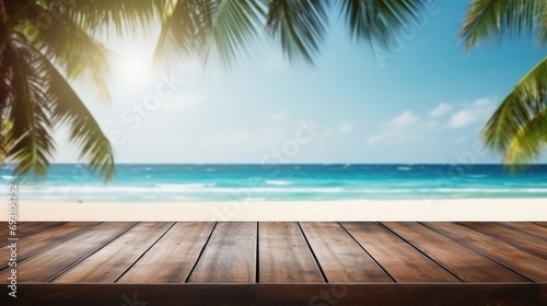 Dark wood floor top on blur tropical beach background  Advertisement  Print media  Illustration  Banner  for website  copy space  for word  template  presentation.