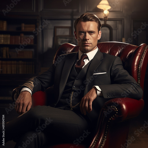 An elegant gentleman in a tailored suit, his face illuminated by the light, sitting in an red leather chair