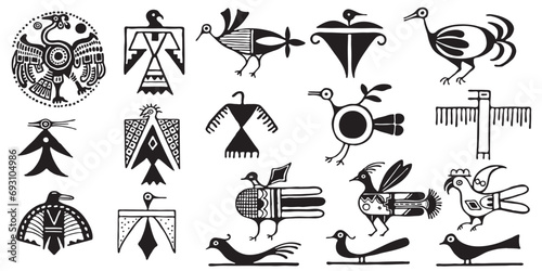 A set of tribal birds, black and white isolated vector. photo