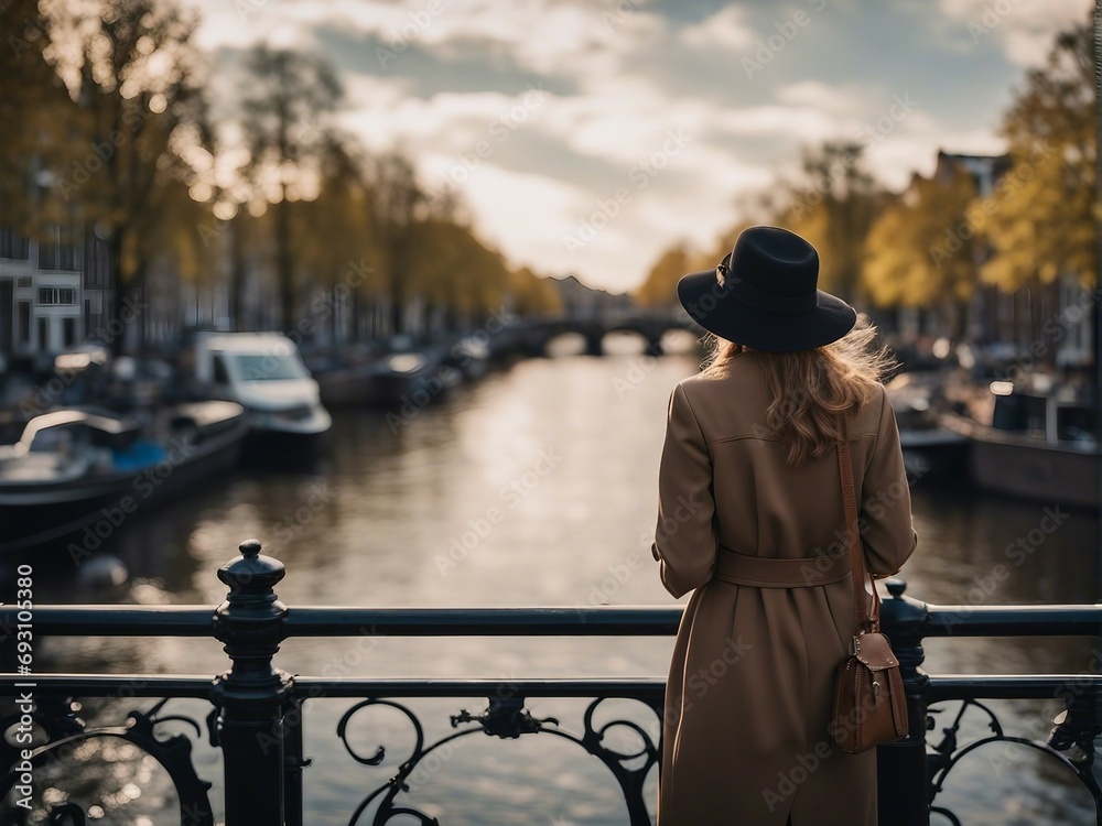 Obraz premium woman watching the view from the bridge over the river in Amsterdam 