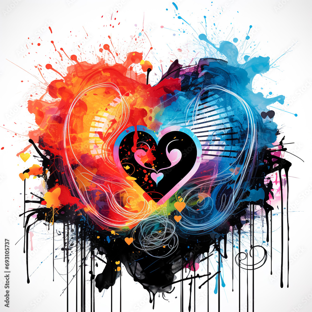 Colorful heart with drips of paint. Heart in graffiti style, street art.