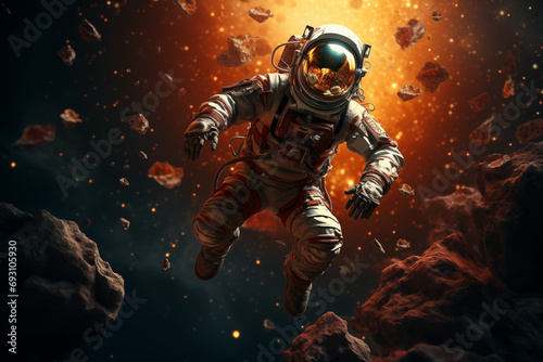 
An Astronaut exploring space, among mineral fragments floating around him, on the surface of the planet Mars