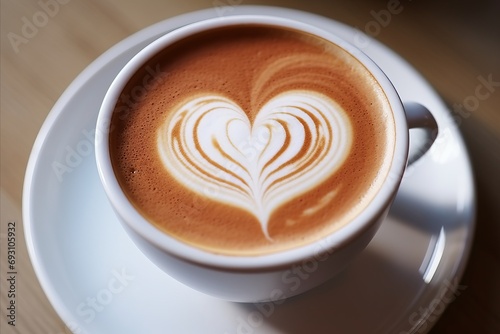 Romantic cup of latte coffee with heart shaped art on foam, top view, love background