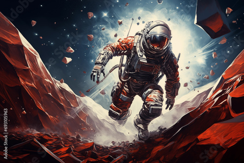 
An Astronaut exploring space, among mineral fragments floating around him, on the surface of the planet Mars
