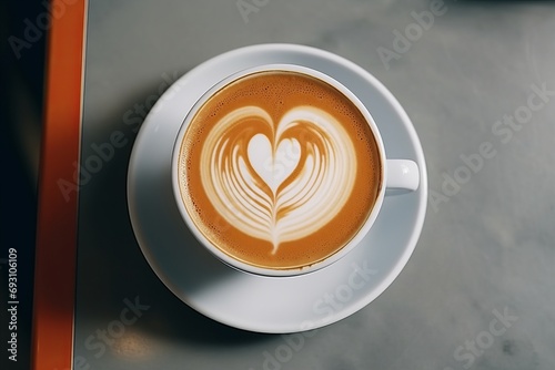 Romantic cup of latte coffee with heart shaped art on foam  top view on love background