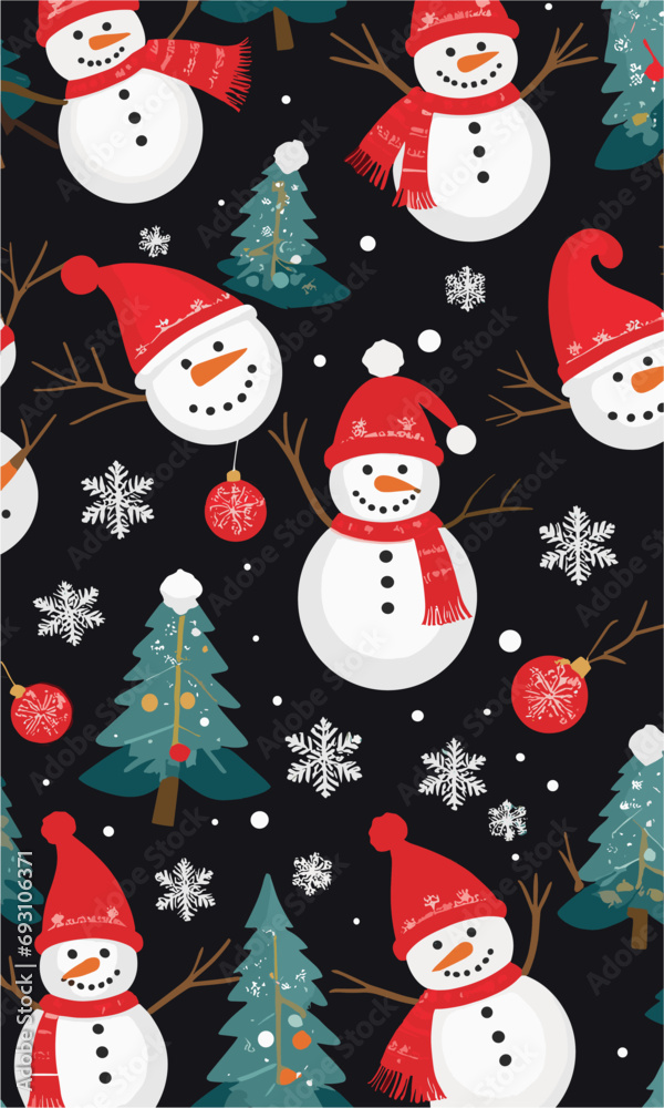 Vector christmas pattern with cartoon
snowmans in red hat, snowflakes, christmas tree on
black background. 2024 New Year fashion
ornament for fabric, paper, textiles, card, packaging, clothes. Vector christmas pattern with cartoon
snowmans in red hat, snowflakes, christmas tree on
black background. 2024 New Year fashion
ornament for fabric, paper, textiles, card, packaging, clothes.