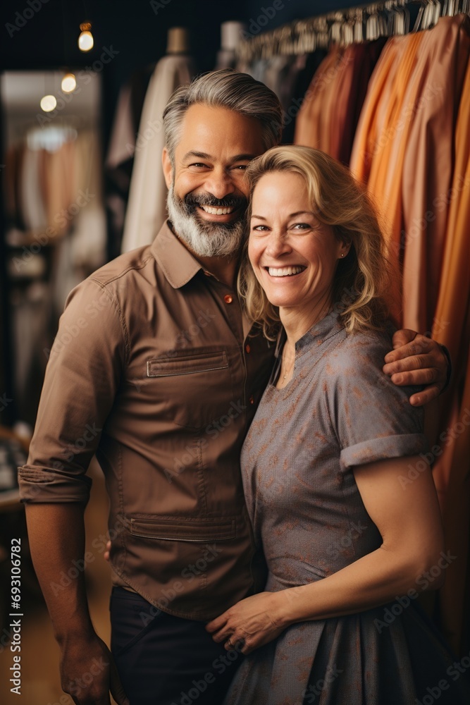 Stylish couple smiling in a cozy fashion boutique