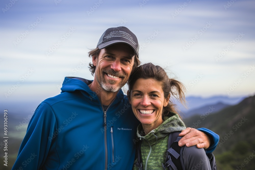 Smiling couple in hiking gear on mountain trail