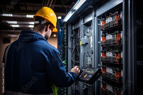 Experienced male electrician installing equipment in switchboard with precision and expertise