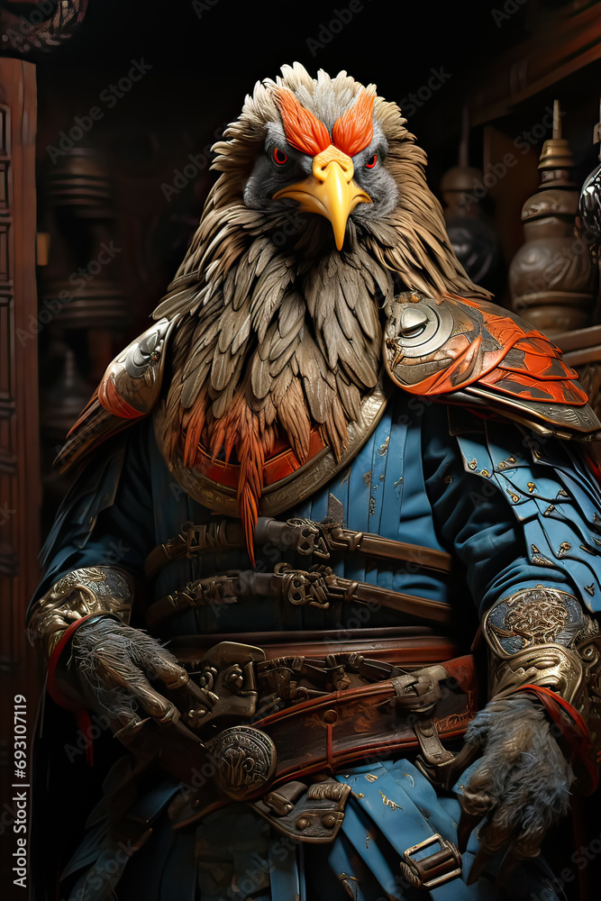 An armored rooster strikes an adorable pose in this unique portrait, combining fantasy and charm in a delightful stock photo.