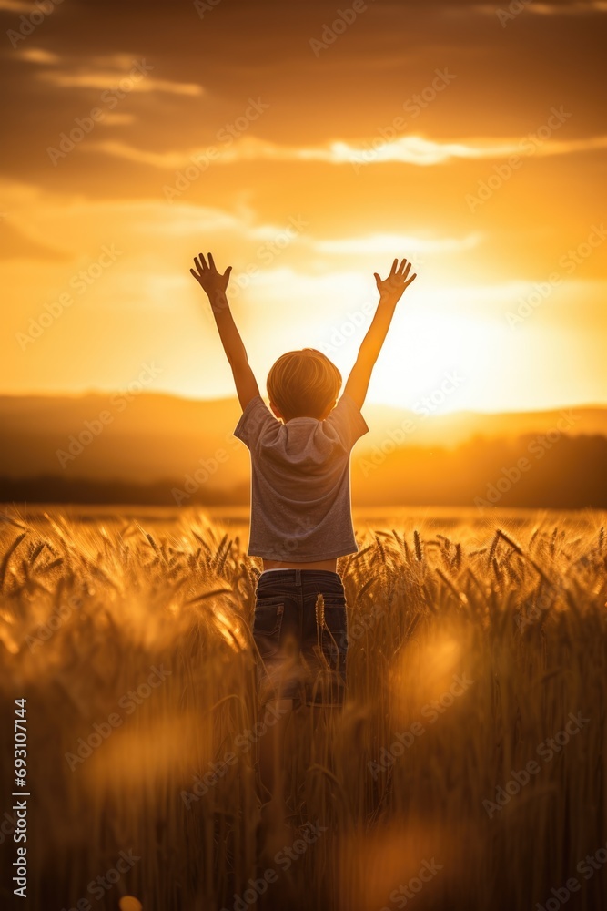 silhouette with a boy with his arms outstretched towards the sun in the sunset landscape in a wheat field
 - obrazy, fototapety, plakaty 