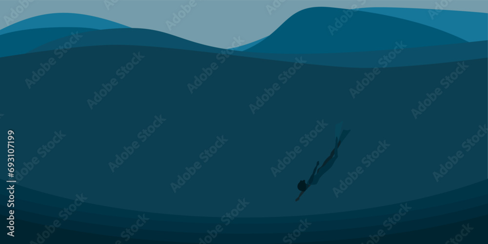 Deep and isolated under the ocean background. Vector illustration with deep diving into the vast sea, people, waves, dark blue background.