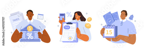 Tax calendar and schedule concept illustration. Collection of characters preparing documents for tax return calculation and filling tax declaration form . Vector illustrations set.
