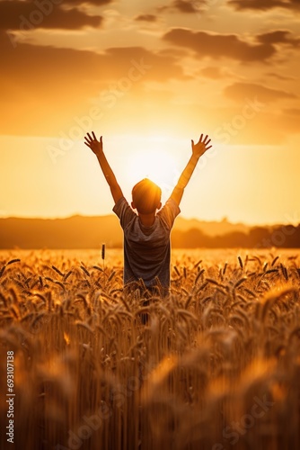 silhouette with a boy with his arms outstretched towards the sun in the sunset landscape in a wheat field 