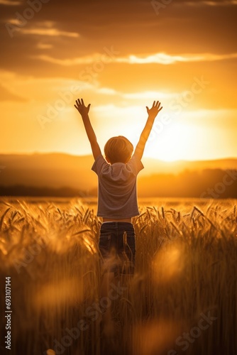 silhouette with a boy with his arms outstretched towards the sun in the sunset landscape in a wheat field 