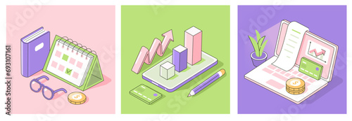 Financial administration concept set. Office desk with money and credit card for annual payment or taxes and calendar with pay date on it. Business bill on payday. Flat isometric vector illustration.
