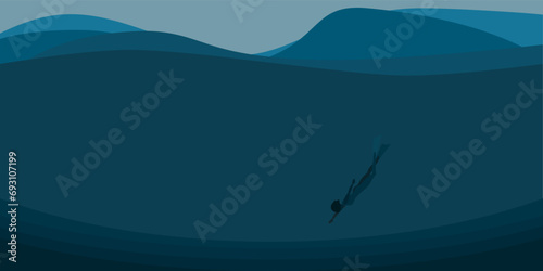 Deep and isolated under the ocean background. Vector illustration with deep diving into the vast sea  people  waves  dark blue background.