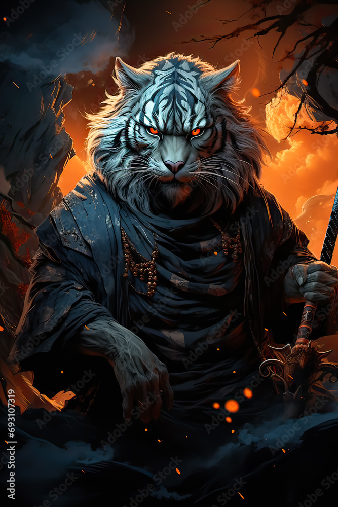 An armored tiger strikes an adorable pose in this unique portrait, combining fantasy and charm in a delightful stock photo. An armored tiger strikes an adorable pose in this unique portrait, combining fantasy and charm in a delightful stock photo.